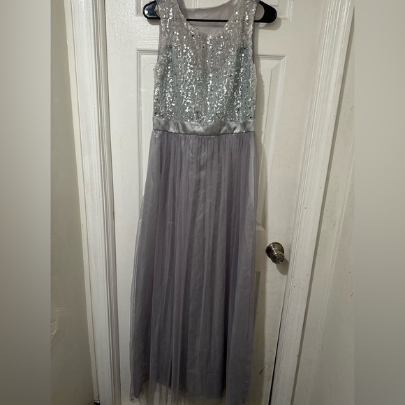 This is a long, gray, shimmery dress. - Picture 2 of 4